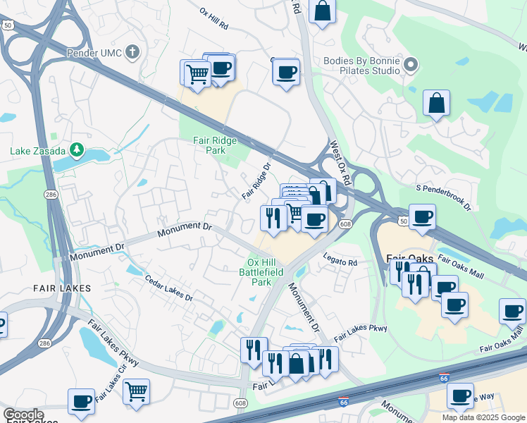map of restaurants, bars, coffee shops, grocery stores, and more near 12206 Apple Orchard Court in Fairfax