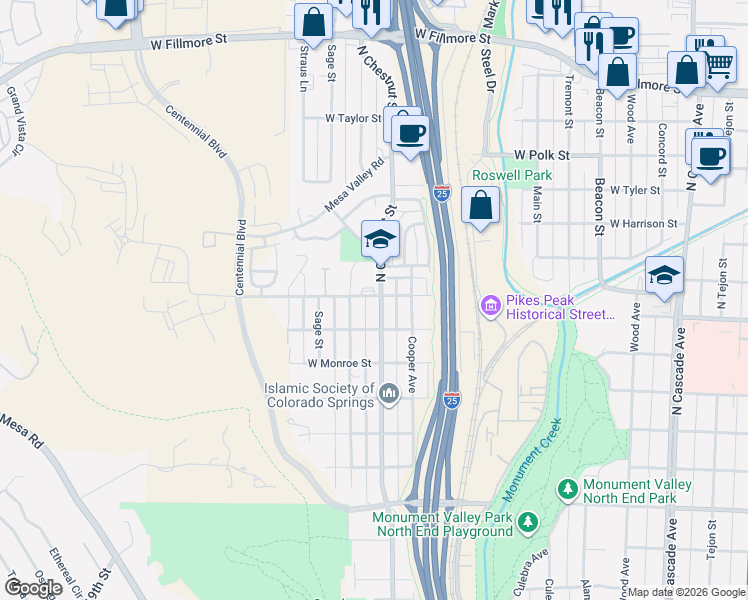 map of restaurants, bars, coffee shops, grocery stores, and more near 2430 North Chestnut Street in Colorado Springs