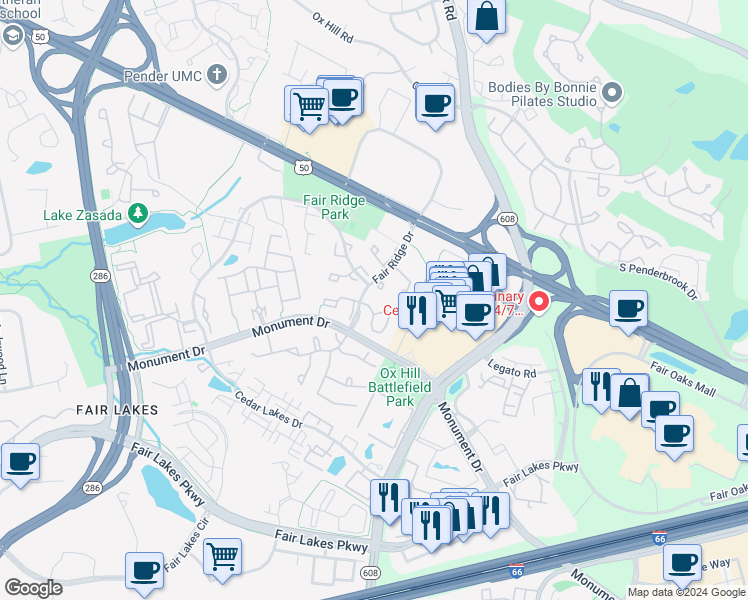 map of restaurants, bars, coffee shops, grocery stores, and more near 12212 Fort Buffalo Circle in Fairfax