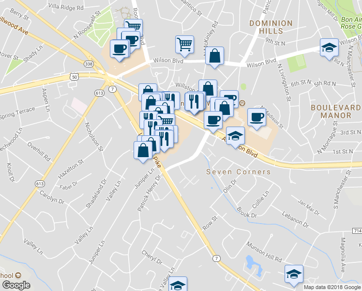 map of restaurants, bars, coffee shops, grocery stores, and more near 3044 Patrick Henry Drive in Falls Church