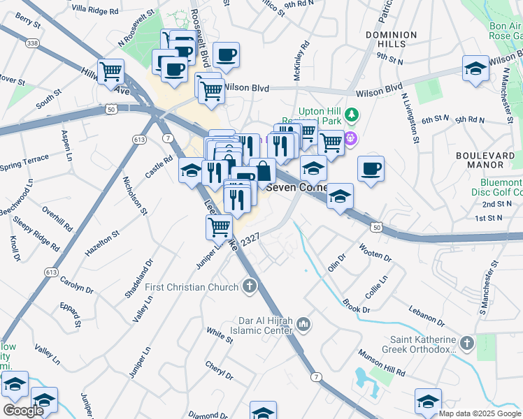 map of restaurants, bars, coffee shops, grocery stores, and more near 3044 Patrick Henry Drive in Falls Church