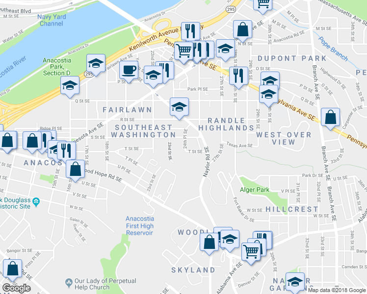 map of restaurants, bars, coffee shops, grocery stores, and more near 1819 24th Place Southeast in Washington