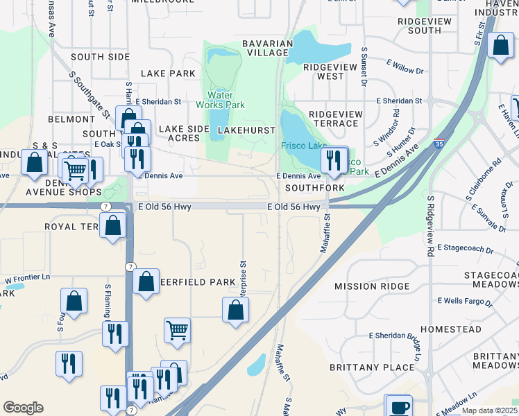 map of restaurants, bars, coffee shops, grocery stores, and more near 905 East Old 56 Highway in Olathe