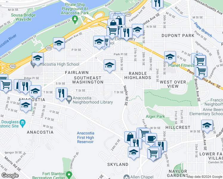 map of restaurants, bars, coffee shops, grocery stores, and more near 1819 24th Place Southeast in Washington