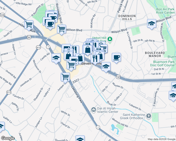map of restaurants, bars, coffee shops, grocery stores, and more near 3012 Patrick Henry Drive in Falls Church