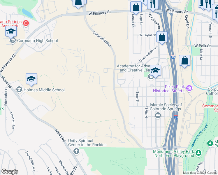 map of restaurants, bars, coffee shops, grocery stores, and more near 2618 Indian Hills Grove in Colorado Springs