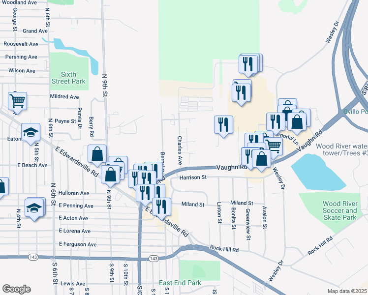 map of restaurants, bars, coffee shops, grocery stores, and more near 615 Colonial Drive in Wood River