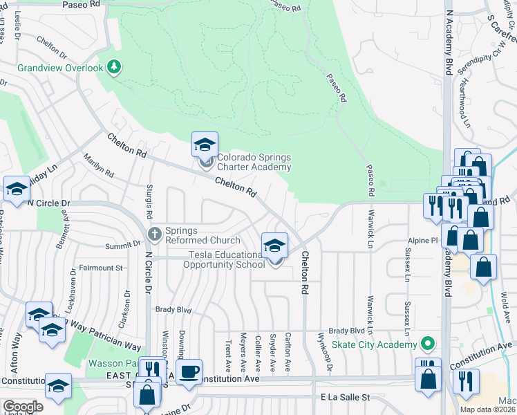 map of restaurants, bars, coffee shops, grocery stores, and more near 2510 North Chelton Road in Colorado Springs