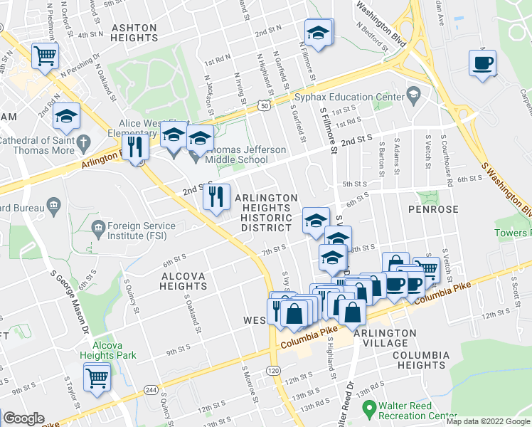 map of restaurants, bars, coffee shops, grocery stores, and more near 3220 5th Street South in Arlington