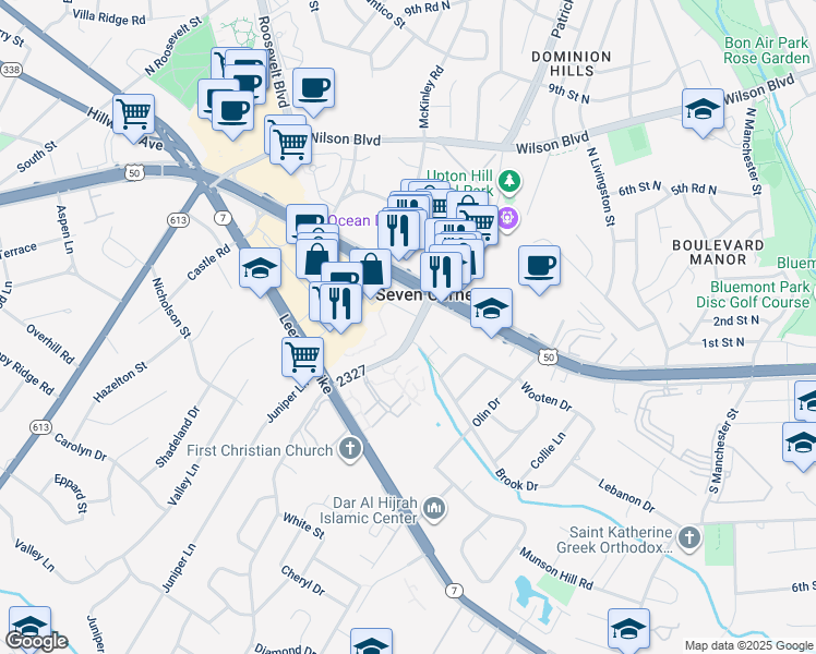 map of restaurants, bars, coffee shops, grocery stores, and more near 3012 Patrick Henry Drive in Falls Church
