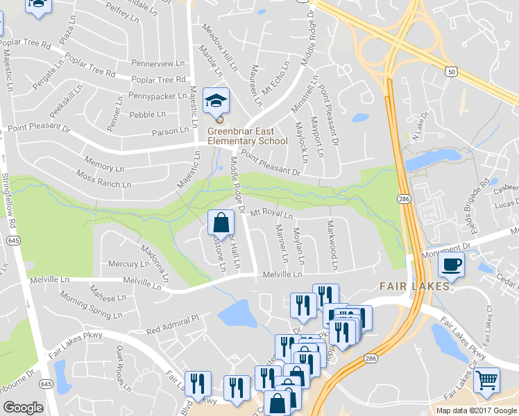 map of restaurants, bars, coffee shops, grocery stores, and more near 12908 Mount Royal Lane in Fairfax