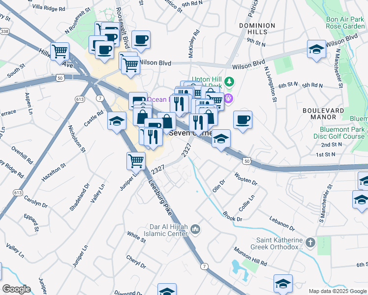map of restaurants, bars, coffee shops, grocery stores, and more near 3012 Patrick Henry Drive in Falls Church