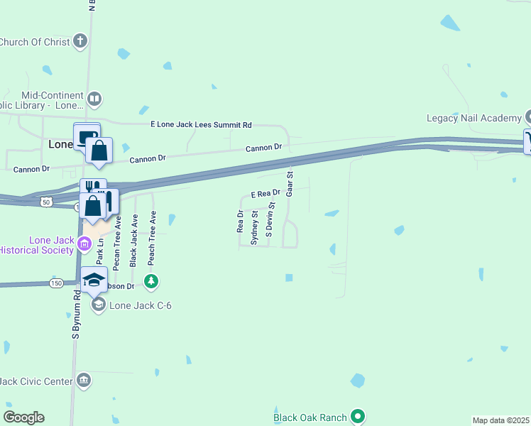 map of restaurants, bars, coffee shops, grocery stores, and more near 313 East Rea Drive in Lone Jack