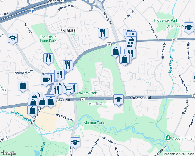 map of restaurants, bars, coffee shops, grocery stores, and more near 3138 Hartwick Lane in Fairfax