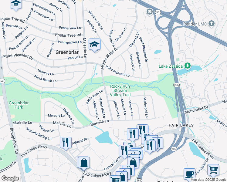 map of restaurants, bars, coffee shops, grocery stores, and more near 12908 Mount Royal Lane in Fairfax