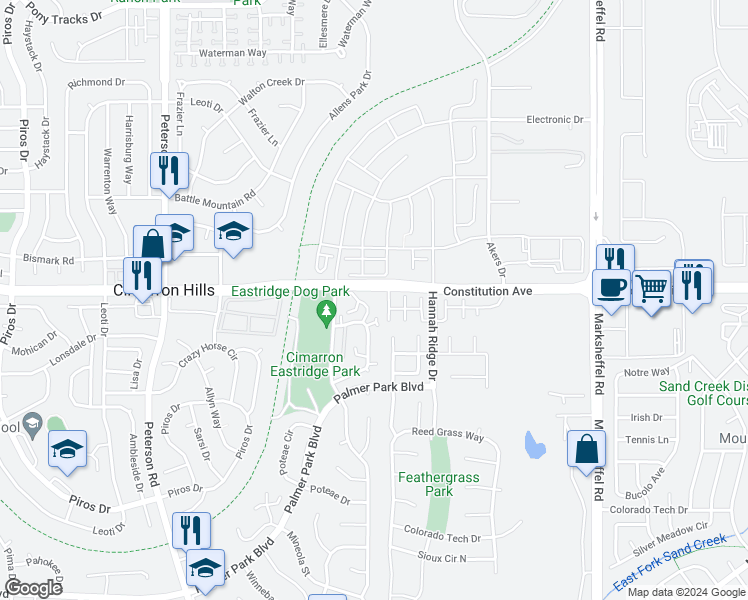 map of restaurants, bars, coffee shops, grocery stores, and more near 2429 Cherokee Park Place in Colorado Springs