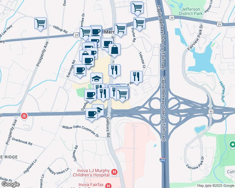 map of restaurants, bars, coffee shops, grocery stores, and more near 8178 Skelton Circle in Falls Church