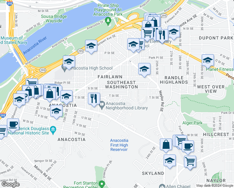 map of restaurants, bars, coffee shops, grocery stores, and more near 2000 T Street Southeast in Washington