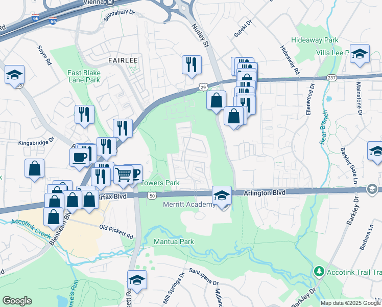 map of restaurants, bars, coffee shops, grocery stores, and more near 9207 Bailey Lane in Fairfax