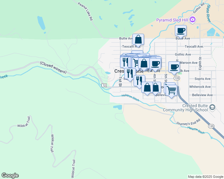 map of restaurants, bars, coffee shops, grocery stores, and more near 5 Beckwith Avenue in Crested Butte