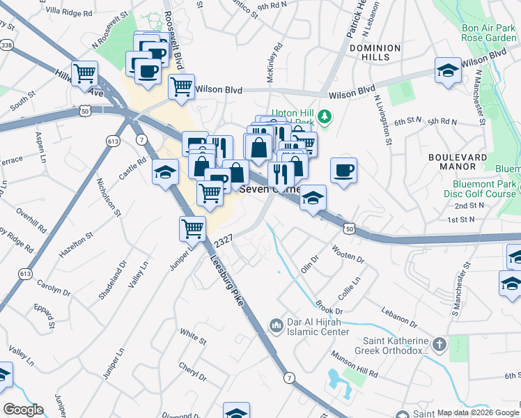 map of restaurants, bars, coffee shops, grocery stores, and more near 3012 Patrick Henry Drive in Falls Church