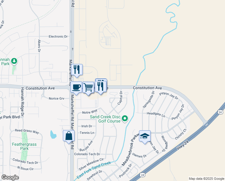 map of restaurants, bars, coffee shops, grocery stores, and more near 2648 Shannara Grove in Colorado Springs