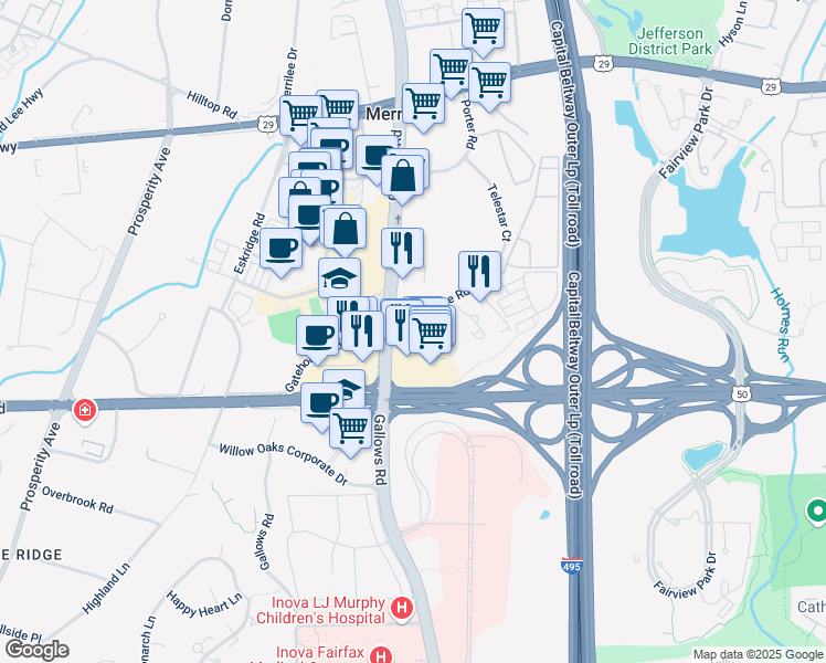 map of restaurants, bars, coffee shops, grocery stores, and more near 8178 Skelton Circle in Falls Church