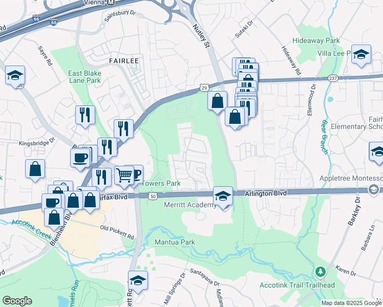 map of restaurants, bars, coffee shops, grocery stores, and more near 9207 Bailey Lane in Fairfax