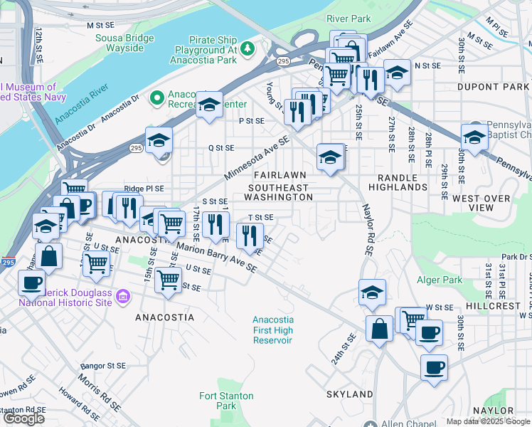 map of restaurants, bars, coffee shops, grocery stores, and more near 1920 T Street Southeast in Washington