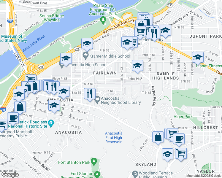map of restaurants, bars, coffee shops, grocery stores, and more near 1920 T Street Southeast in Washington