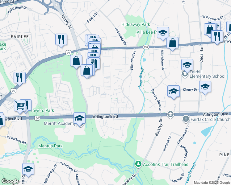 map of restaurants, bars, coffee shops, grocery stores, and more near 9018 Jersey Drive in Fairfax