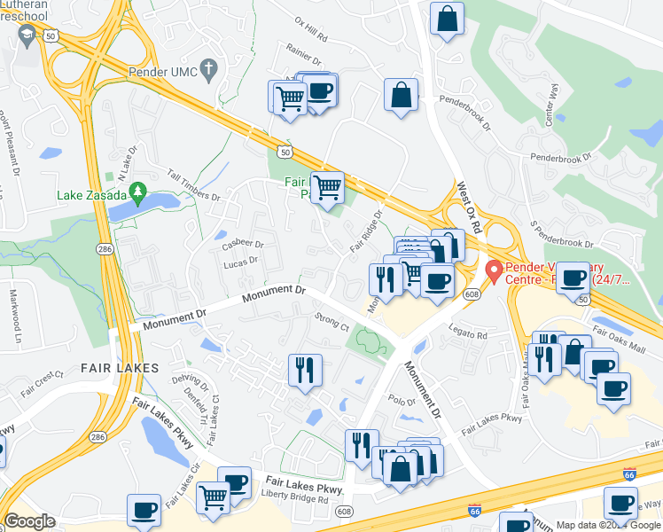 map of restaurants, bars, coffee shops, grocery stores, and more near 12300 Field Lark Court in Fairfax