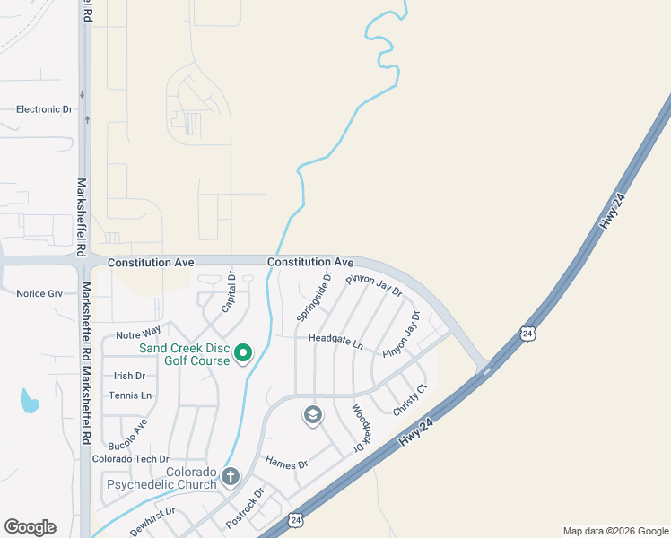 map of restaurants, bars, coffee shops, grocery stores, and more near 2386 Springside Drive in Colorado Springs