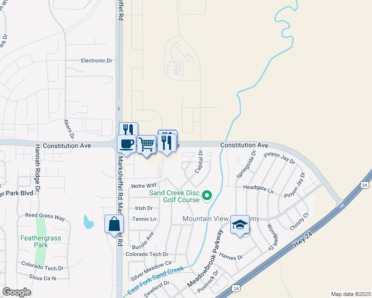 map of restaurants, bars, coffee shops, grocery stores, and more near 2594 Shannara Grove in Colorado Springs
