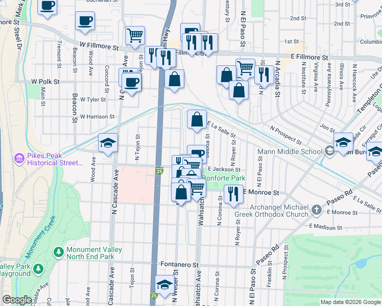 map of restaurants, bars, coffee shops, grocery stores, and more near 2436 North Wahsatch Avenue in Colorado Springs
