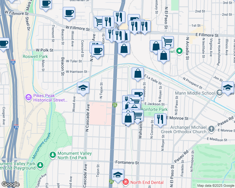 map of restaurants, bars, coffee shops, grocery stores, and more near 2430 North Nevada Avenue in Colorado Springs