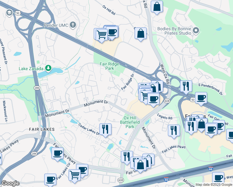 map of restaurants, bars, coffee shops, grocery stores, and more near 12300 Field Lark Court in Fairfax