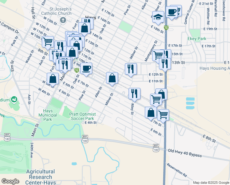 map of restaurants, bars, coffee shops, grocery stores, and more near 420-498 East 8th Street in Hays