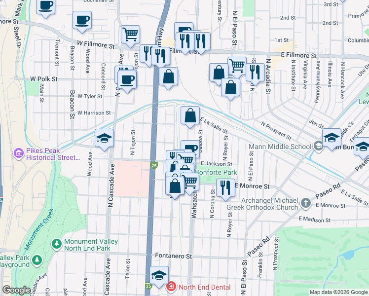 map of restaurants, bars, coffee shops, grocery stores, and more near 2436 North Wahsatch Avenue in Colorado Springs