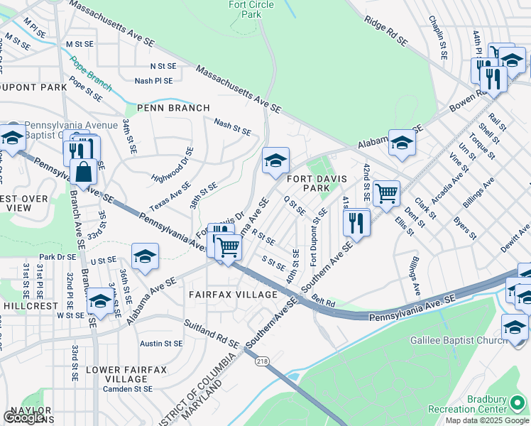 map of restaurants, bars, coffee shops, grocery stores, and more near 3961 Alabama Avenue Southeast in Washington