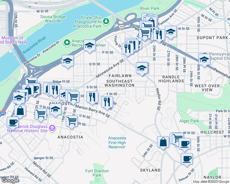 map of restaurants, bars, coffee shops, grocery stores, and more near 2000 T Street Southeast in Washington