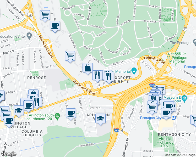 map of restaurants, bars, coffee shops, grocery stores, and more near 821 South Orme Street in Arlington