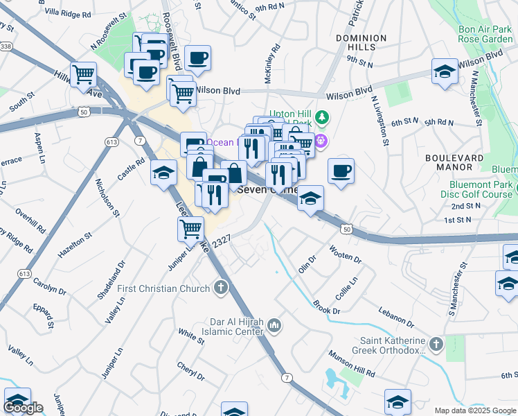 map of restaurants, bars, coffee shops, grocery stores, and more near 3010 Patrick Henry Drive in Falls Church