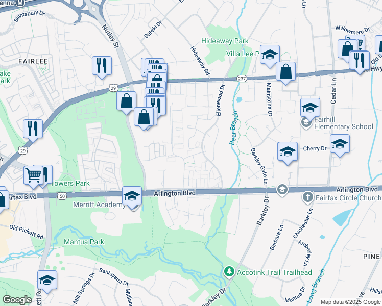 map of restaurants, bars, coffee shops, grocery stores, and more near 9018 Jersey Drive in Fairfax