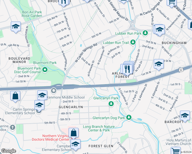 map of restaurants, bars, coffee shops, grocery stores, and more near 21 North Greenbrier Street in Arlington