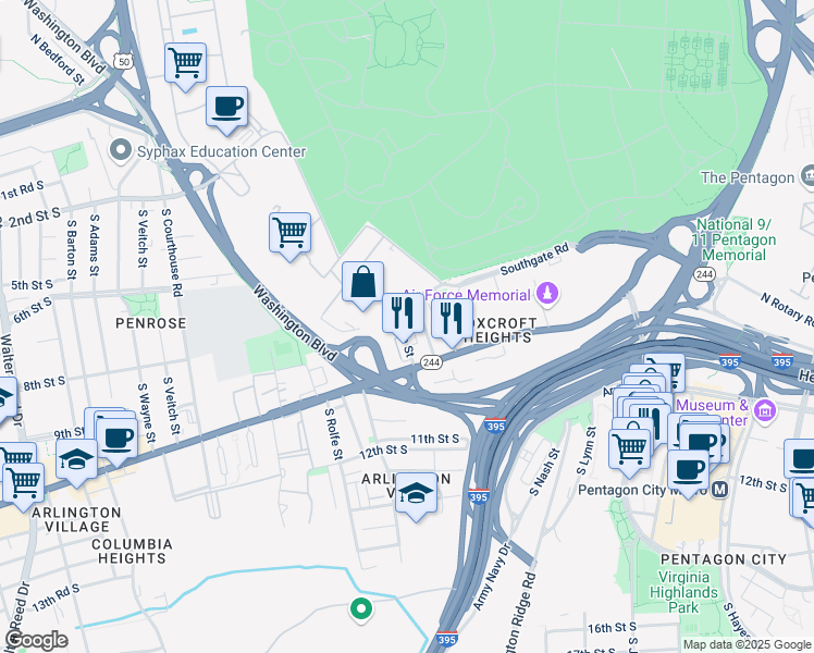map of restaurants, bars, coffee shops, grocery stores, and more near 821 South Orme Street in Arlington