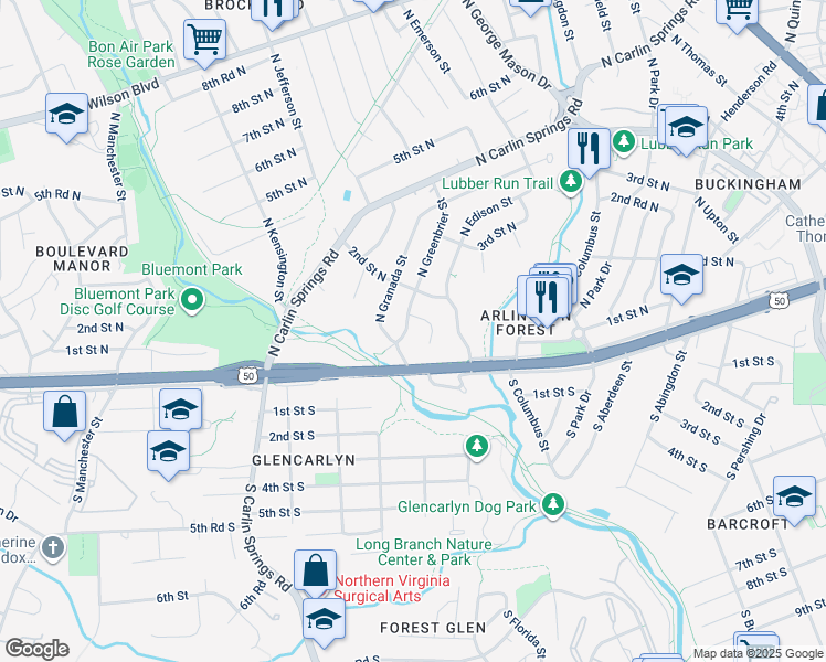 map of restaurants, bars, coffee shops, grocery stores, and more near 21 North Greenbrier Street in Arlington