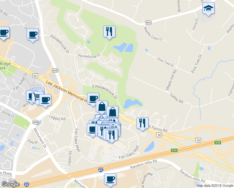 map of restaurants, bars, coffee shops, grocery stores, and more near 3861 Inverness Road in Fairfax