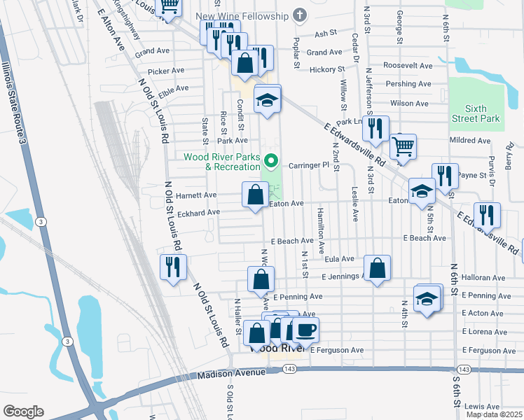 map of restaurants, bars, coffee shops, grocery stores, and more near 2 Eckhard Avenue in Wood River