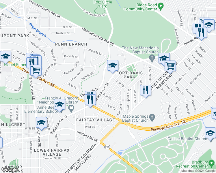 map of restaurants, bars, coffee shops, grocery stores, and more near 3961 Alabama Avenue Southeast in Washington